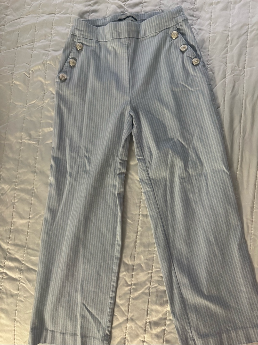Jules & Leopold Light Blue and White Pinstripe Wide-Leg Pants